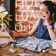 A person working at a desk with an overlay of various illustrations.