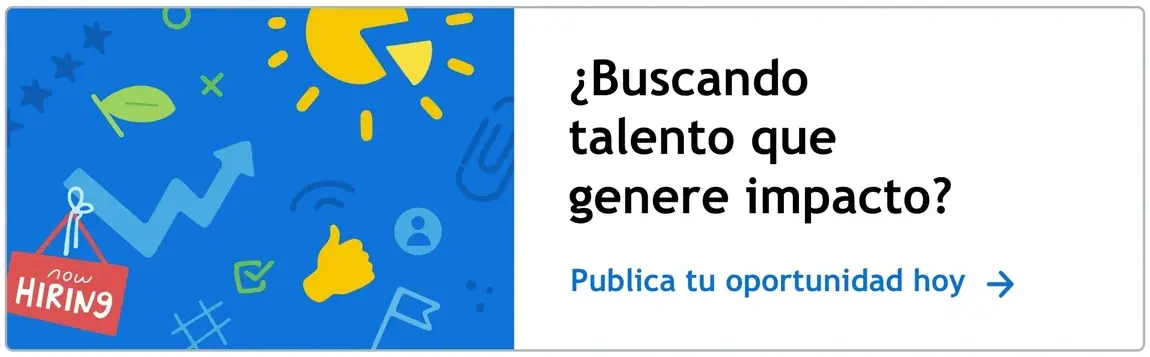 ilustración con fondo azul, una flecha, un puño con el pulgar arriba, un sol y un cartel de "We are hiring"