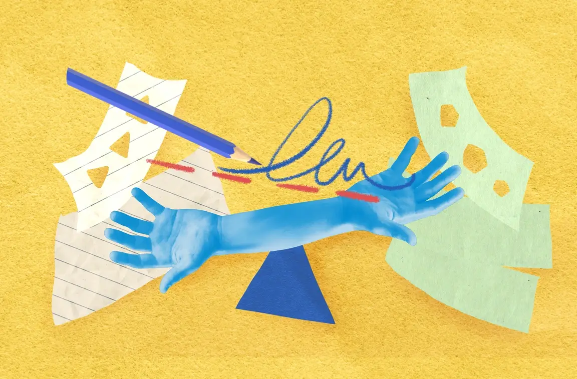 Two hands point in opposite direction surrounded by pieces of paper, a pencil and signature on a dotted line. | How to Handle Multiple Job Offers