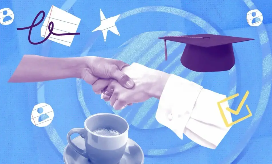 An illustration of two hands shaking and a graduation cap in the background, for the post, "How to Network Your Way Into Grad School"