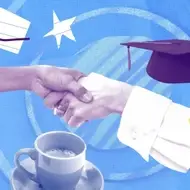 An illustration of two hands shaking and a graduation cap in the background, for the post, "How to Network Your Way Into Grad School"