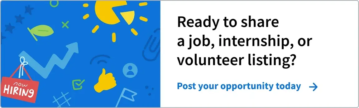 Post a listing on Idealist ad, with doodles and a "now hiring" sign on a blue background.