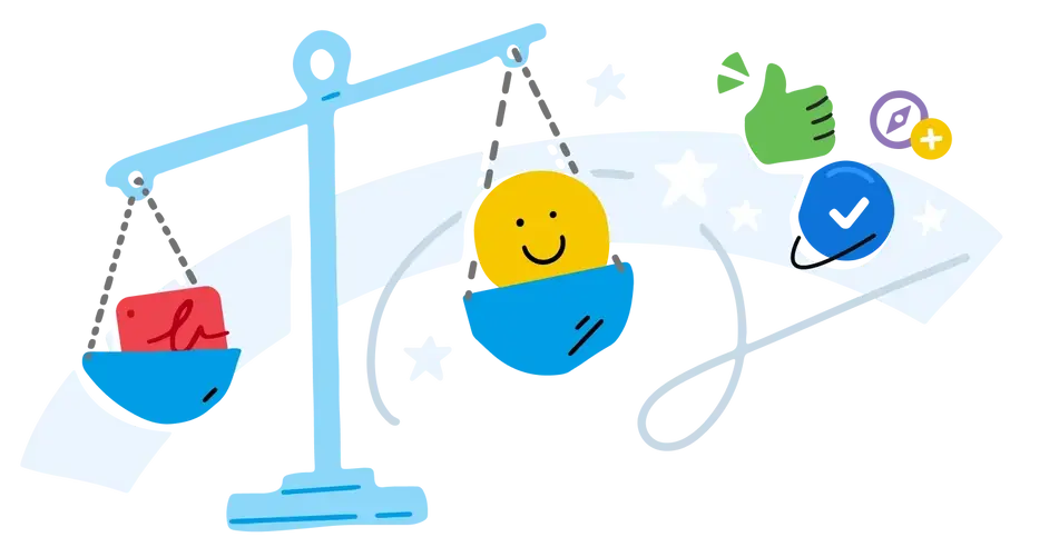 An illustration of employee wellness and anti-burnout, with colorful doodles of a balance scale, a thumbs up, a compass, and a smiley face.